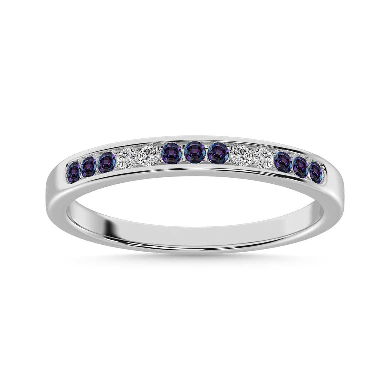 Synthetic Alexedrite and Alternate Diamond 1/4 Ct.Tw. Ladies Machine Band in 14K White Gold