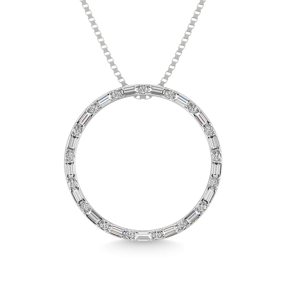 Diamond 1/5 Ct.Tw. Round and Baguette Cut Open Circle Pendant in 10K White Gold