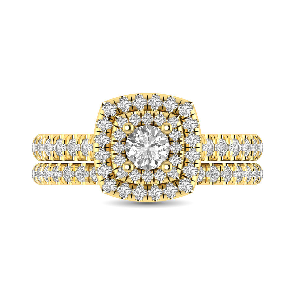 Diamond Classic Shank Double Halo Bridal Ring 1 ct tw Round Cut in 14K Yellow Gold - thediamondsq