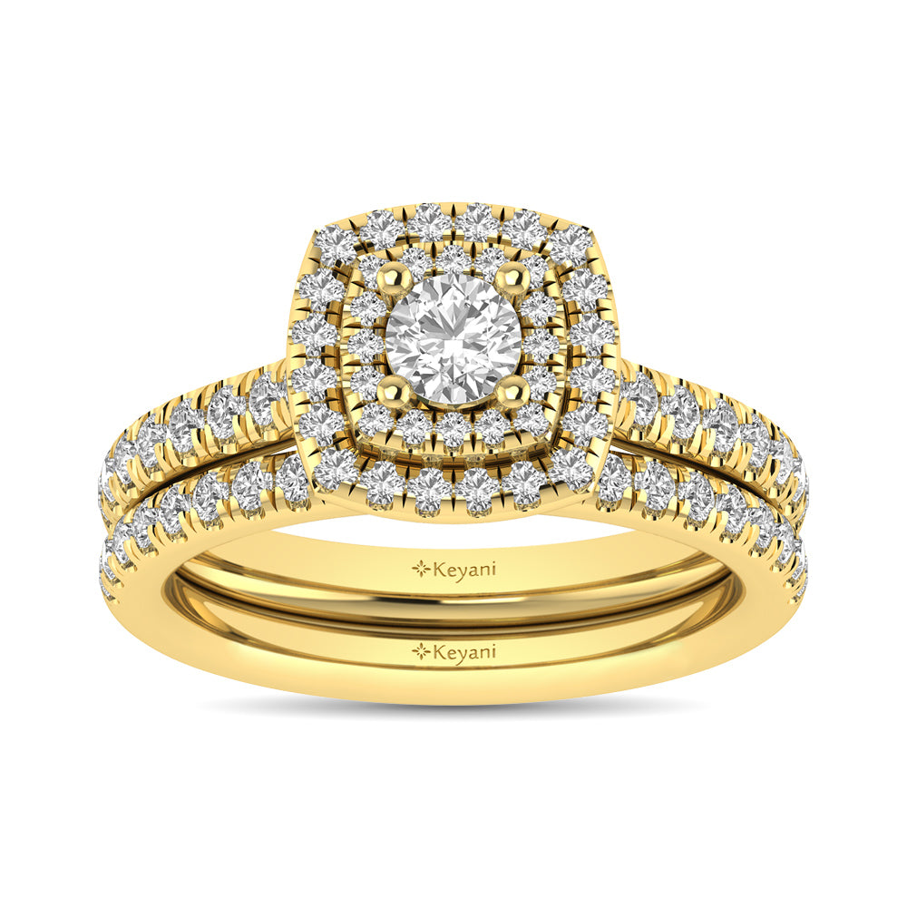 Diamond Classic Shank Double Halo Bridal Ring 1 ct tw Round Cut in 14K Yellow Gold - thediamondsq