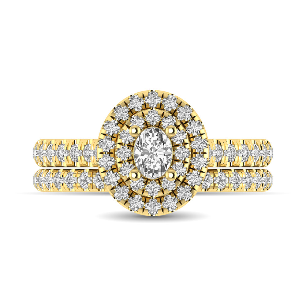 Diamond Classic Shank Double Halo Bridal Ring 1 ct tw Oval Cut in 14K Yellow Gold - thediamondsq