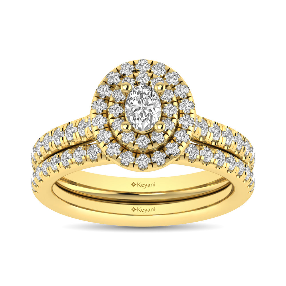 Diamond Classic Shank Double Halo Bridal Ring 1 ct tw Oval Cut in 14K Yellow Gold - thediamondsq