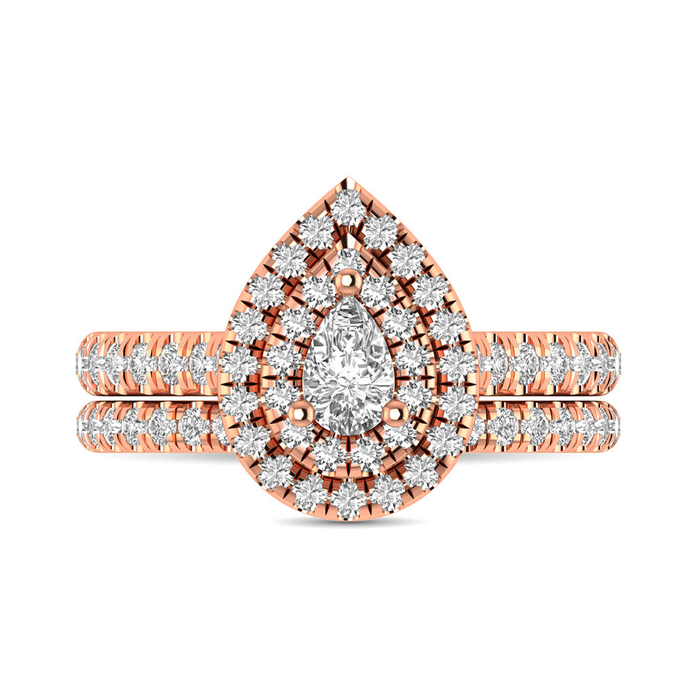 Diamond Classic Shank Double Halo Bridal Ring 1 ct tw Pear Cut in 14K Rose Gold - thediamondsq