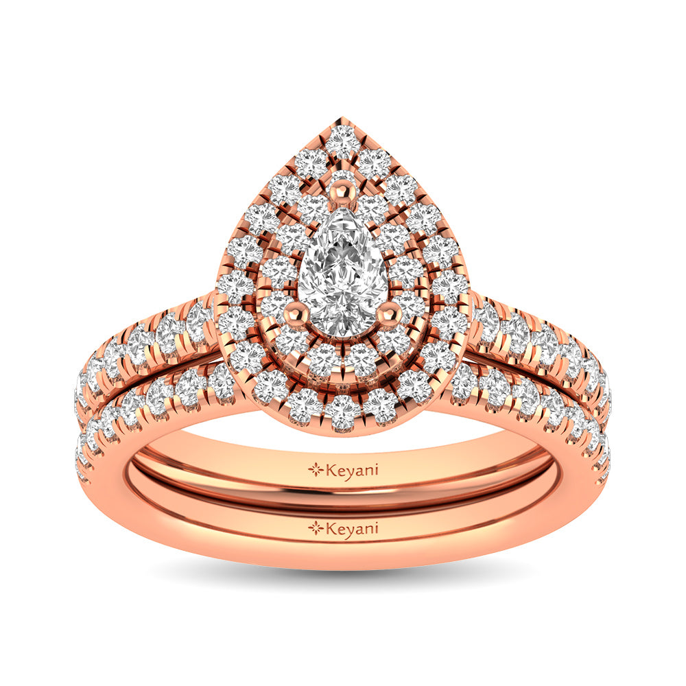 Diamond Classic Shank Double Halo Bridal Ring 1 ct tw Pear Cut in 14K Rose Gold - thediamondsq