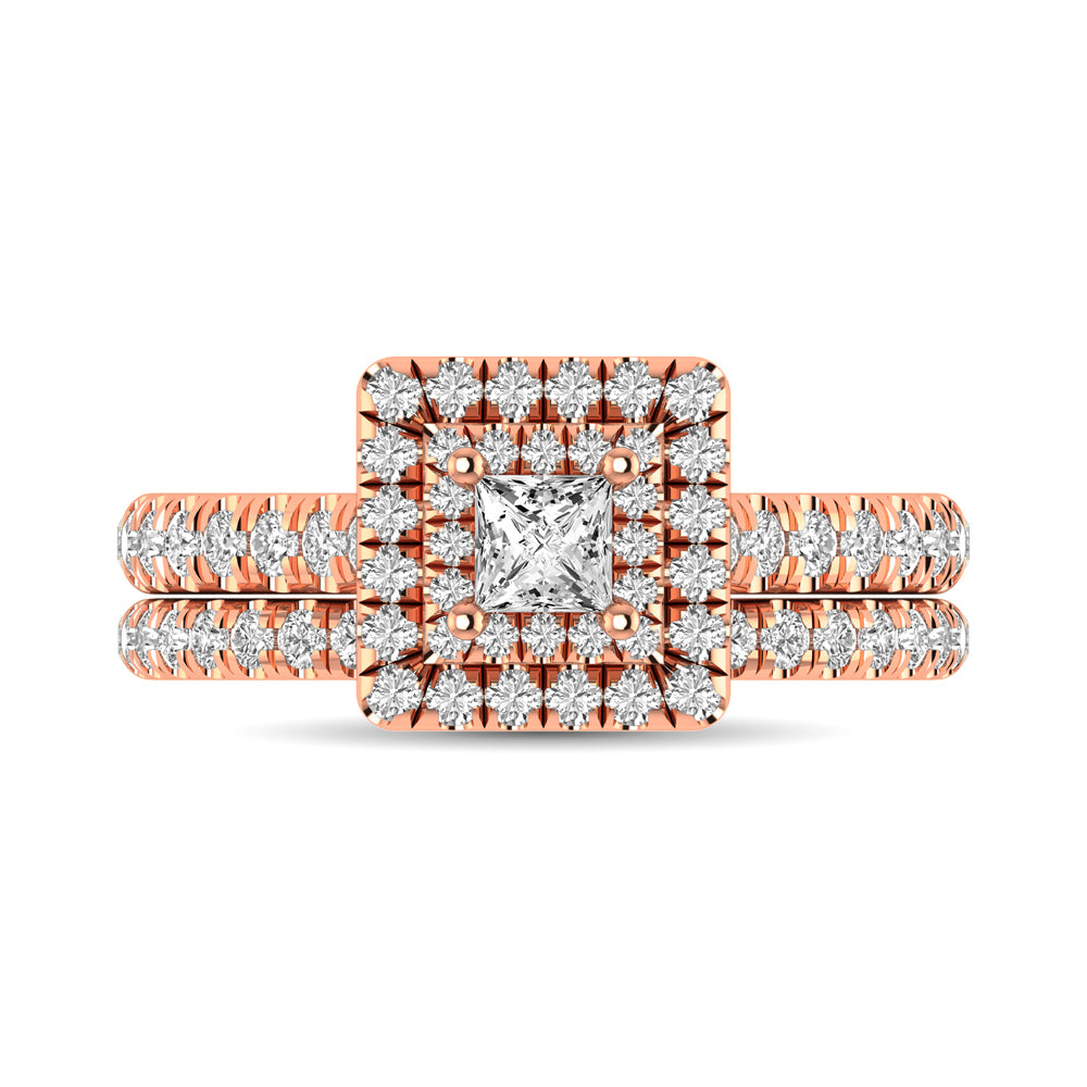 Diamond Classic Shank Double Halo Bridal Ring 1 ct tw Princess Cut in 14K Rose Gold - thediamondsq