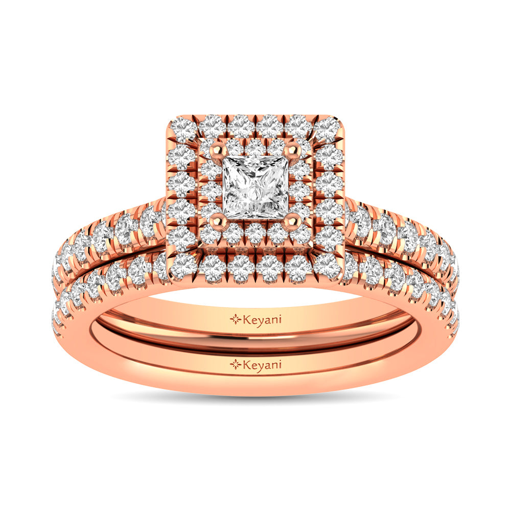 Diamond Classic Shank Double Halo Bridal Ring 1 ct tw Princess Cut in 14K Rose Gold - thediamondsq