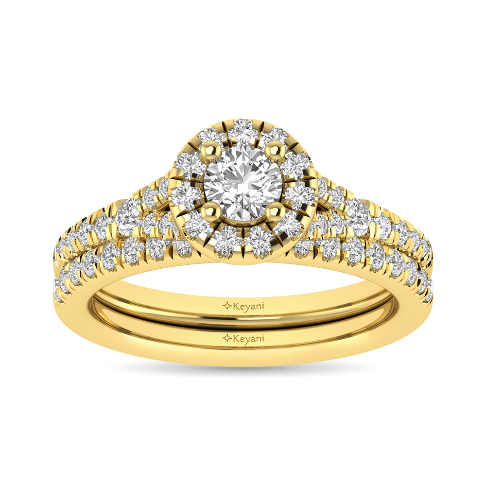 Diamond  Split Shank Single Halo Bridal Ring 1 ct tw Round Cut in 14K Yellow Gold - thediamondsq