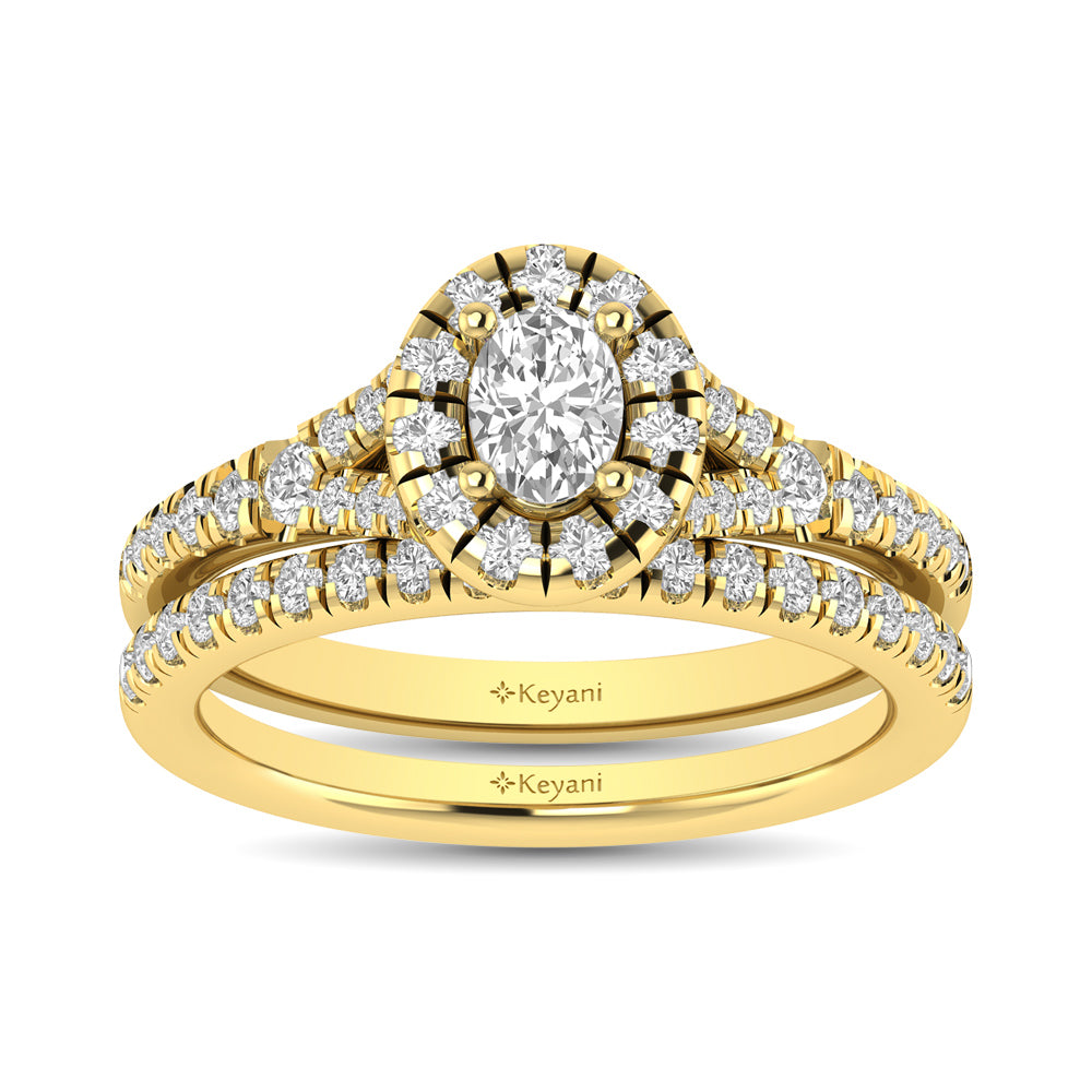 Diamond  Split Shank Single Halo Bridal Ring 1 ct tw Oval Cut in 14K Yellow Gold - thediamondsq