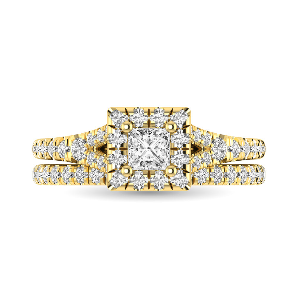 Diamond  Split Shank Single Halo Bridal Ring 1 ct tw Princess Cut in 14K Yellow Gold - thediamondsq