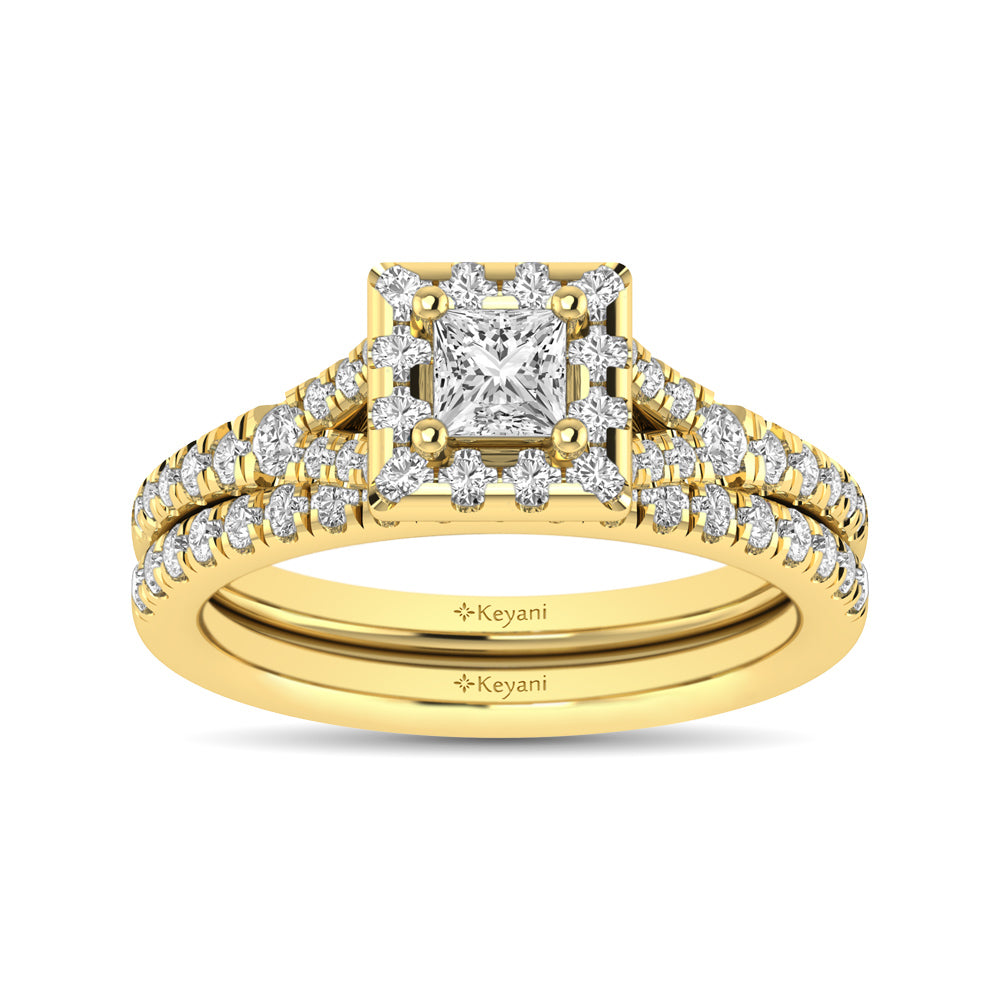 Diamond  Split Shank Single Halo Bridal Ring 1 ct tw Princess Cut in 14K Yellow Gold - thediamondsq