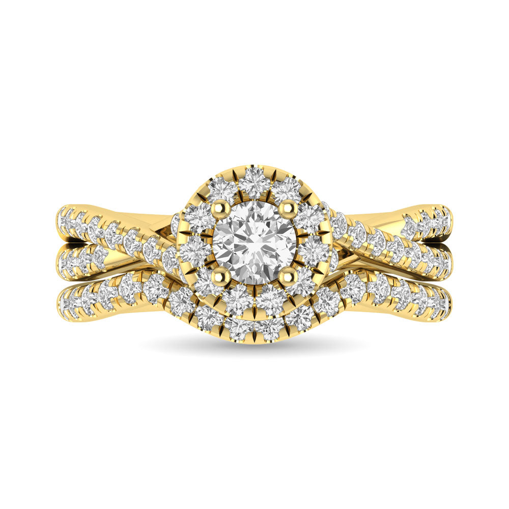 Diamond  Twist Shank Single Halo Bridal Ring 1 ct tw Round Cut in 14K Yellow Gold - thediamondsq