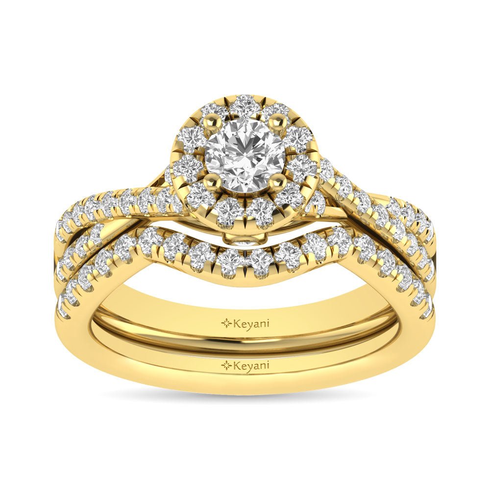 Diamond  Twist Shank Single Halo Bridal Ring 1 ct tw Round Cut in 14K Yellow Gold - thediamondsq