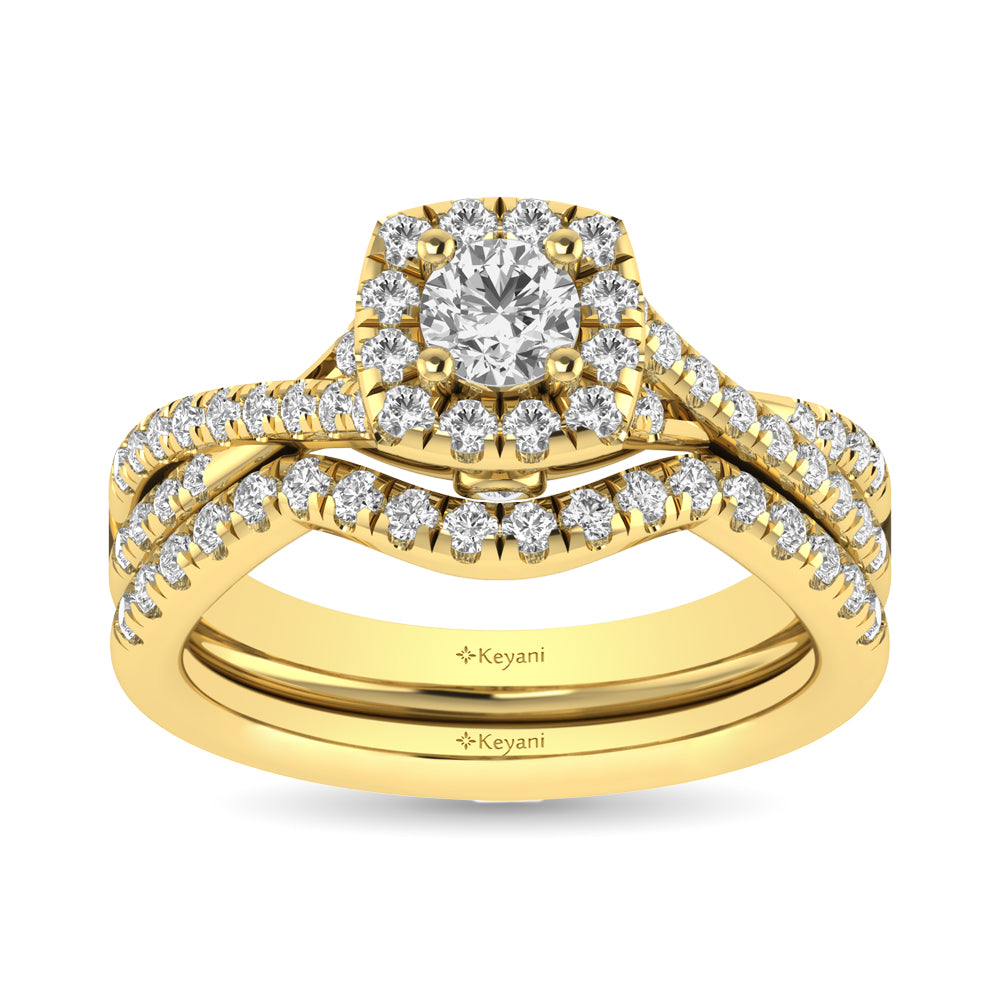 Diamond  Twist Shank Single Halo Bridal Ring 1 ct tw Round Cut in 14K Yellow Gold