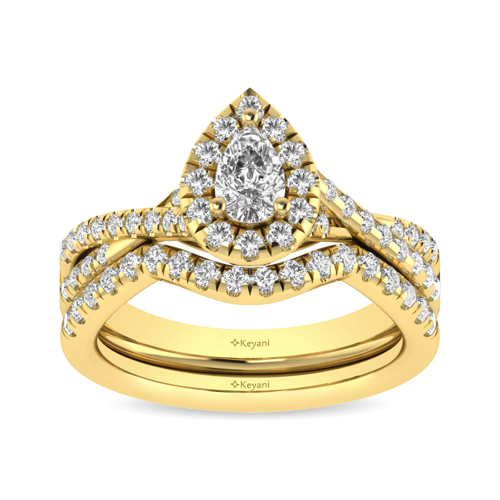 Diamond  Twist Shank Single Halo Bridal Ring 1 ct tw Pear Cut in 14K Yellow Gold